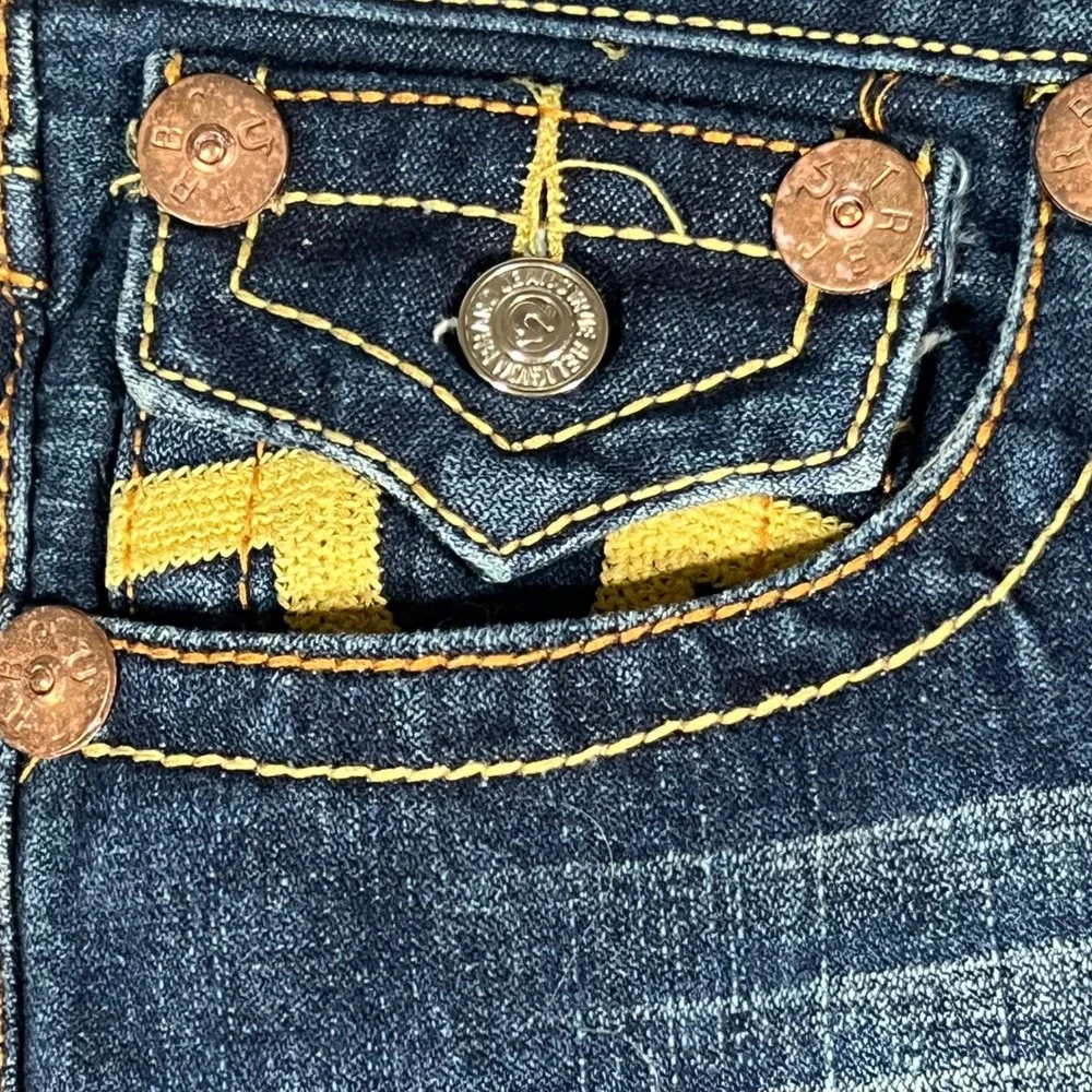 True Religion Billy Super T Dark Wash Straight Leg Jeans Men 34x33 Yellow Stitch